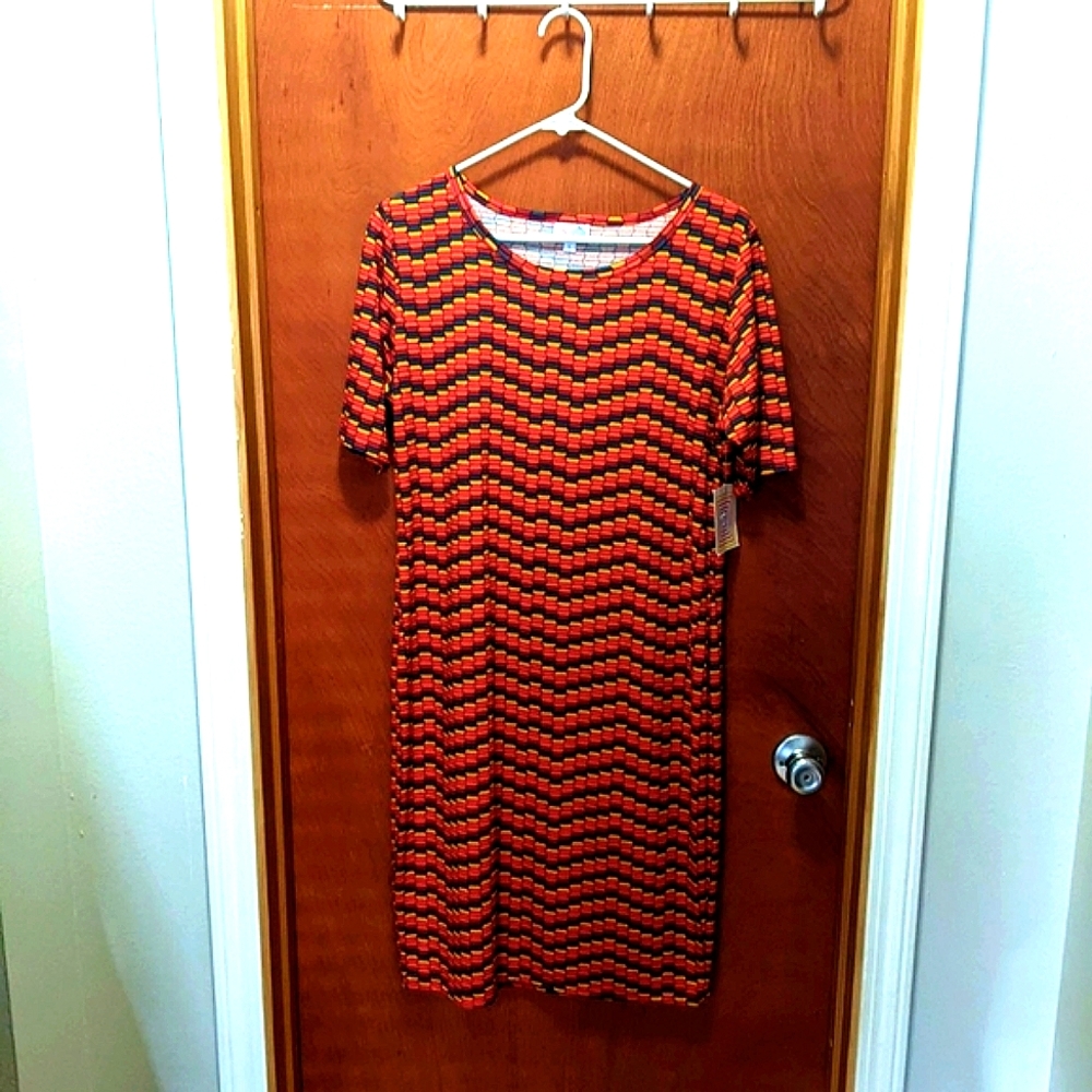 NWT LulaRoe Julie Dress Multi Color Geometric Design Size L